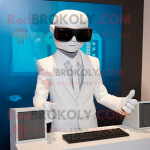 White Computer mascot costume character dressed with a Suit and Sunglasses