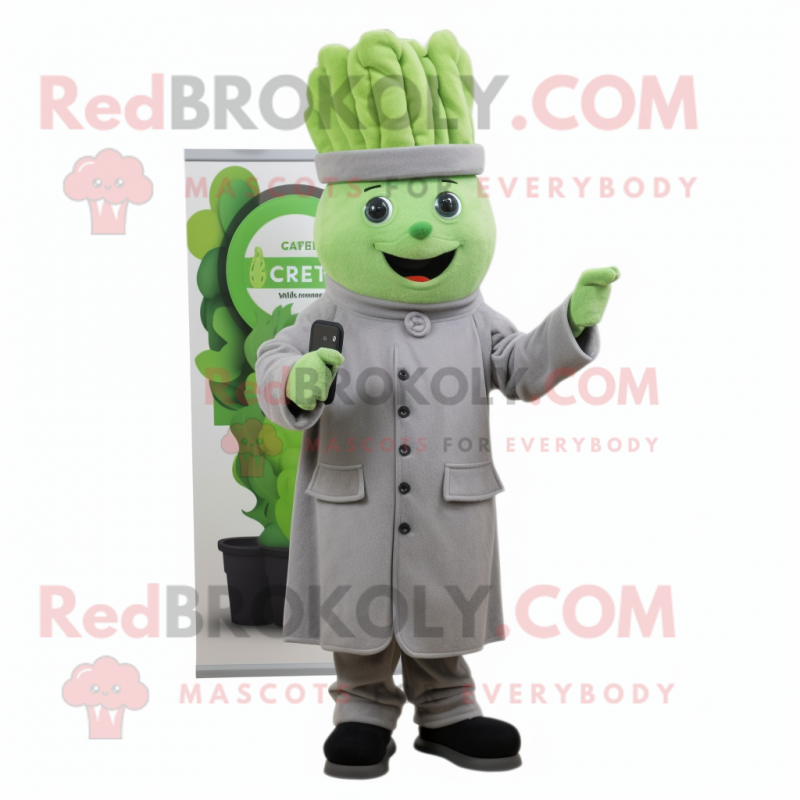 Gray Celery mascot costume character dressed with a Coat and Smartwatches