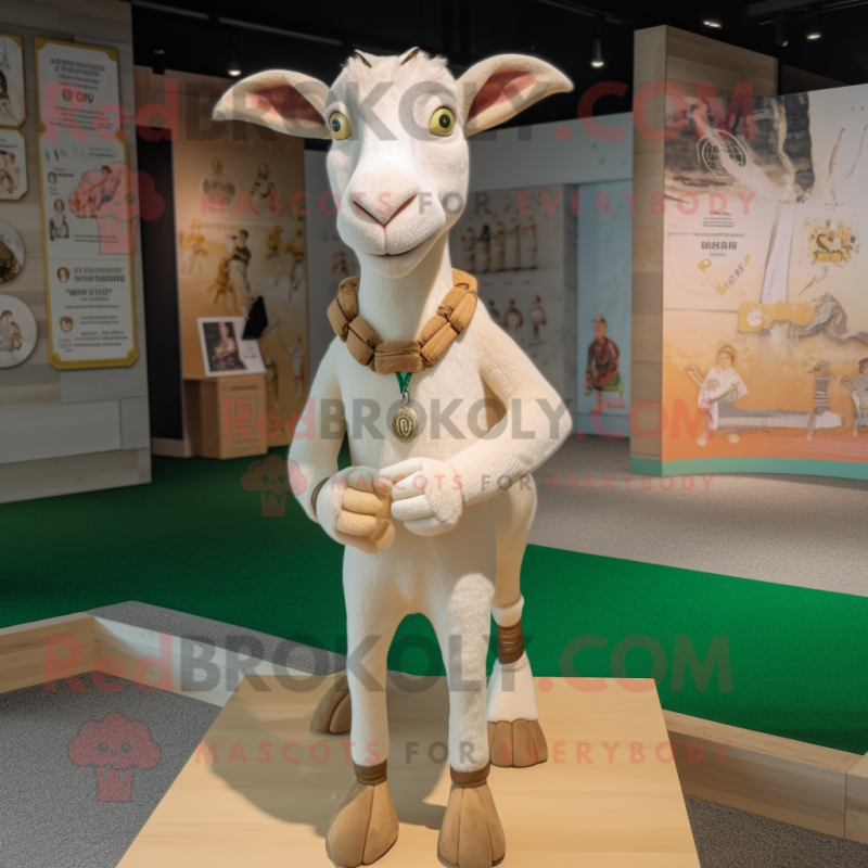 Beige Goat mascot costume character dressed with a Polo Tee and Necklaces