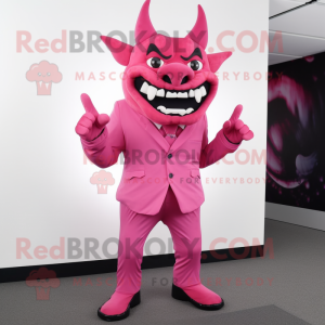 Pink Demon mascot costume character dressed with a Suit Pants and Wraps