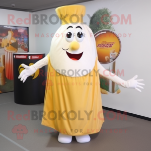 Cream French Fries mascot costume character dressed with a Circle Skirt and Tie pins