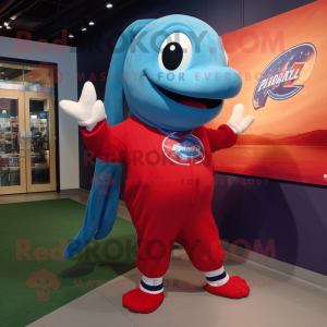 Red Blue Whale mascot costume character dressed with a Baseball Tee and Foot pads