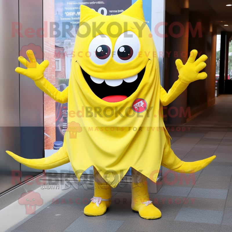 Lemon Yellow Devil mascot costume character dressed with a Boyfriend Jeans and Scarf clips