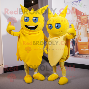 Lemon Yellow Devil mascot costume character dressed with a Boyfriend Jeans and Scarf clips