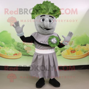 Gray Caesar Salad mascot costume character dressed with a A-Line Skirt and Gloves