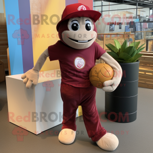 Maroon Juggle mascot costume character dressed with a Cargo Shorts and Beanies