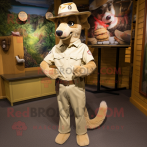 Tan Dingo mascot costume character dressed with a Chinos and Hat pins