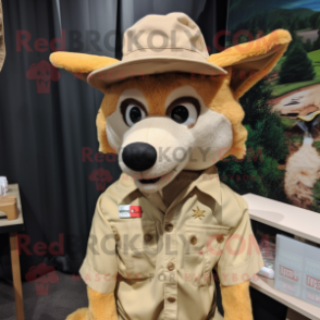 Tan Dingo mascot costume character dressed with a Chinos and Hat pins