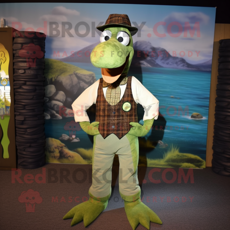 Olive Loch Ness Monster mascot costume character dressed with a ...