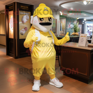 Lemon Yellow Beef Stroganoff mascot costume character dressed with a Joggers and Hat pins