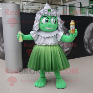 Silver Green Beer mascot costume character dressed with a Pleated Skirt and Bracelet watches