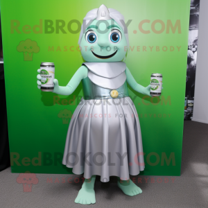 Silver Green Beer mascot costume character dressed with a Pleated Skirt and Bracelet watches