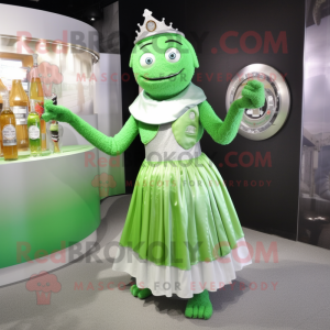 Silver Green Beer mascot costume character dressed with a Pleated Skirt and Bracelet watches
