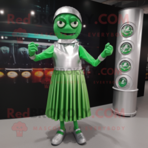 Silver Green Beer mascot costume character dressed with a Pleated Skirt and Bracelet watches