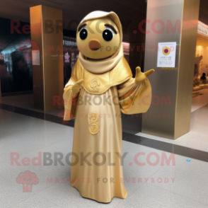 Gold Pho mascot costume character dressed with a Sheath Dress and Shawl pins