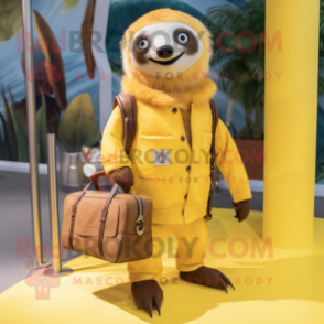 Yellow Sloth mascot costume character dressed with a Dress Pants and Handbags