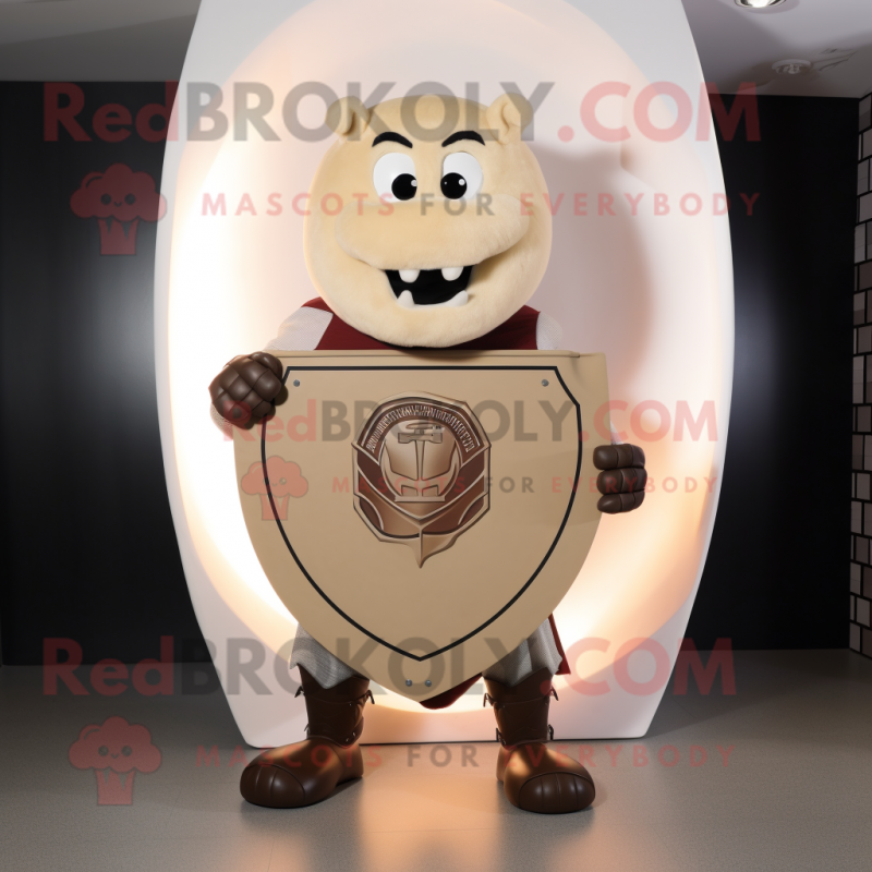 Beige Celtic Shield mascot costume character dressed with a Graphic Tee and Ties