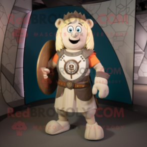 Beige Celtic Shield mascot costume character dressed with a Graphic Tee and Ties