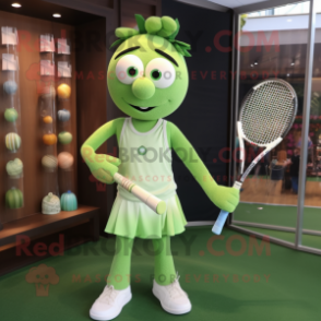 Olive Tennis Racket mascot costume character dressed with a Mini Dress and Bracelet watches