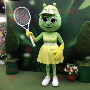 Olive Tennis Racket mascot costume character dressed with a Mini Dress and Bracelet watches