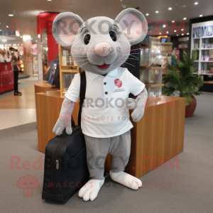 Silver Rat mascot costume character dressed with a Polo Shirt and Tote bags