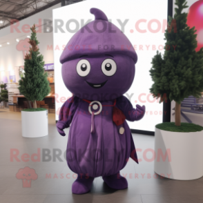 Purple Plum mascot costume character dressed with a Overalls and Shawl pins