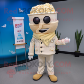 Beige Pop Corn mascot costume character dressed with a Rash Guard and Pocket squares