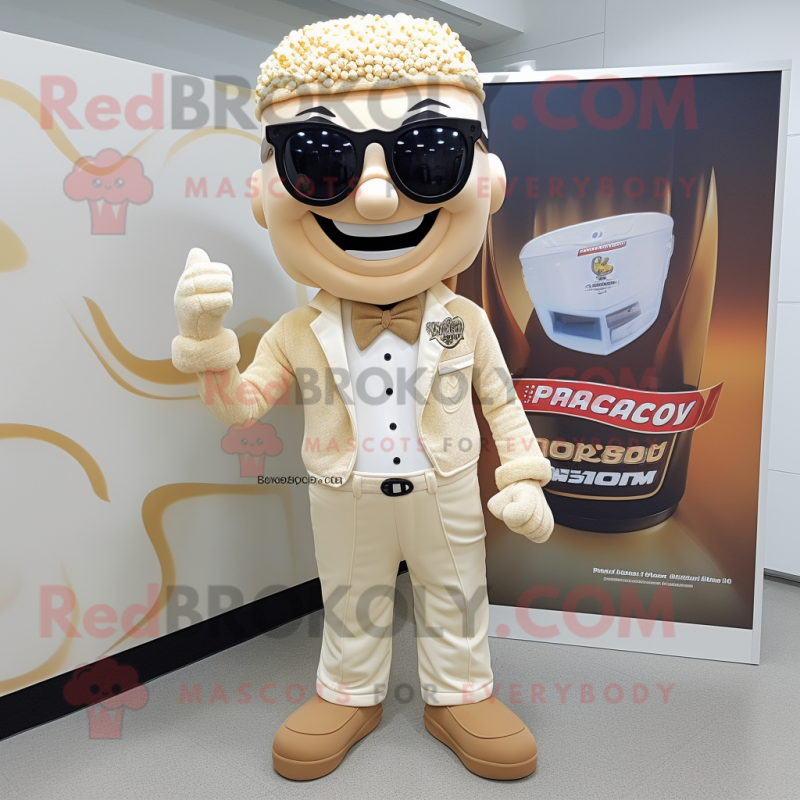 Beige Pop Corn mascot costume character dressed with a Rash Guard and Pocket squares