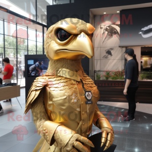 Gold Falcon mascot costume character dressed with a Turtleneck and Hair clips