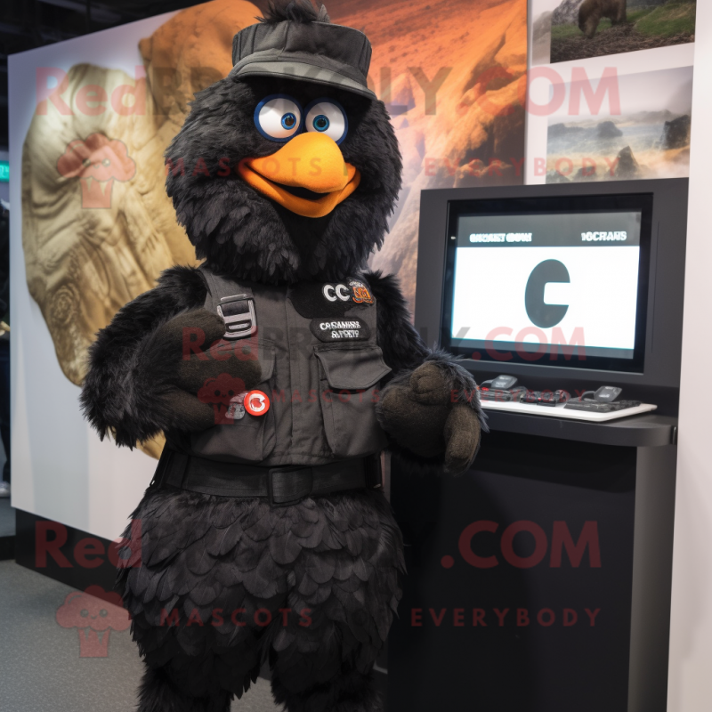 Black Chicken Parmesan mascot costume character dressed with a Cargo Pants and Digital watches