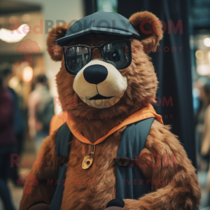 Rust Spectacled Bear mascot costume character dressed with a Chinos and Beanies