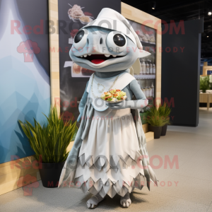 Gray Fish Tacos mascot costume character dressed with a Maxi Dress and Shoe laces
