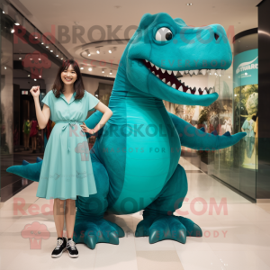 Turquoise T Rex mascot costume character dressed with a A-Line Skirt and Anklets