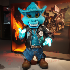 Turquoise Magician mascot costume character dressed with a Biker Jacket and Backpacks