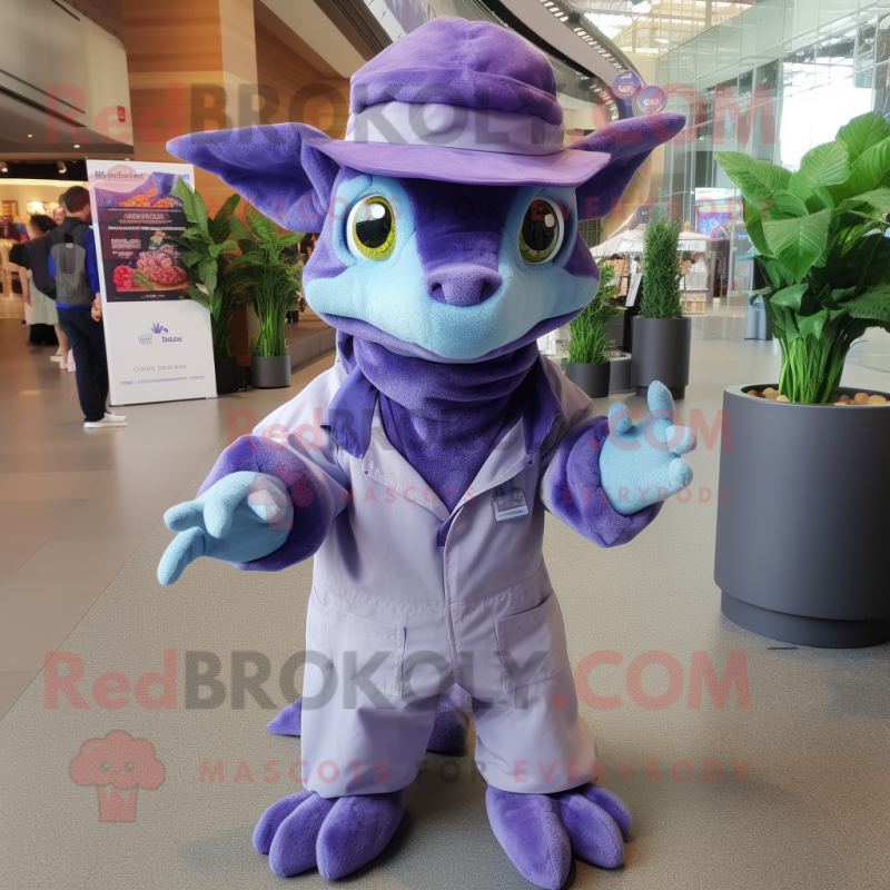Lavender Chupacabra mascot costume character dressed with a Jumpsuit and Hats