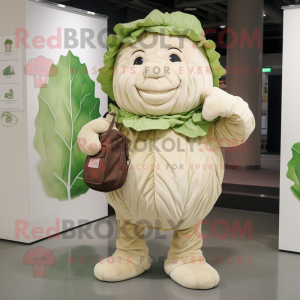 Beige Cabbage mascot costume character dressed with a T-Shirt and Handbags