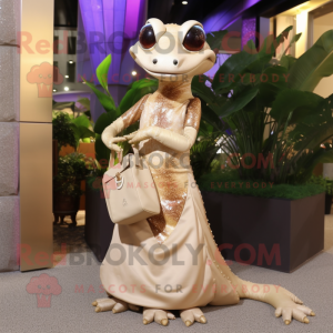 Tan Geckos mascot costume character dressed with a Evening Gown and Clutch bags