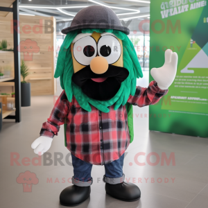 Forest Green Paella mascot costume character dressed with a Flannel Shirt and Headbands