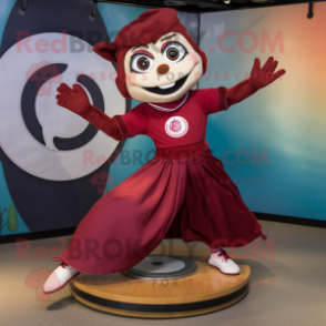 Maroon Plate Spinner mascot costume character dressed with a Culottes and Anklets