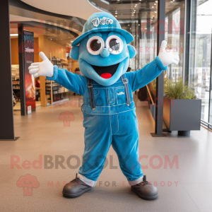 Turquoise Gyro mascot costume character dressed with a Dungarees and Berets