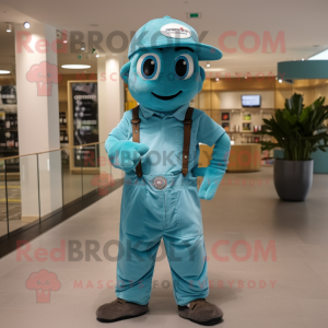 Turquoise Gyro mascot costume character dressed with a Dungarees and Berets