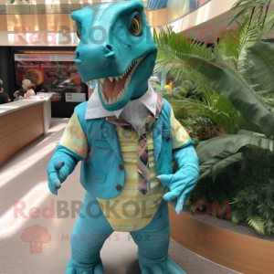 Turquoise Allosaurus mascot costume character dressed with a Shorts and Ties