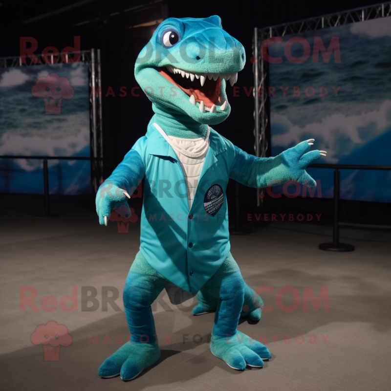 Turquoise Allosaurus mascot costume character dressed with a Shorts and Ties