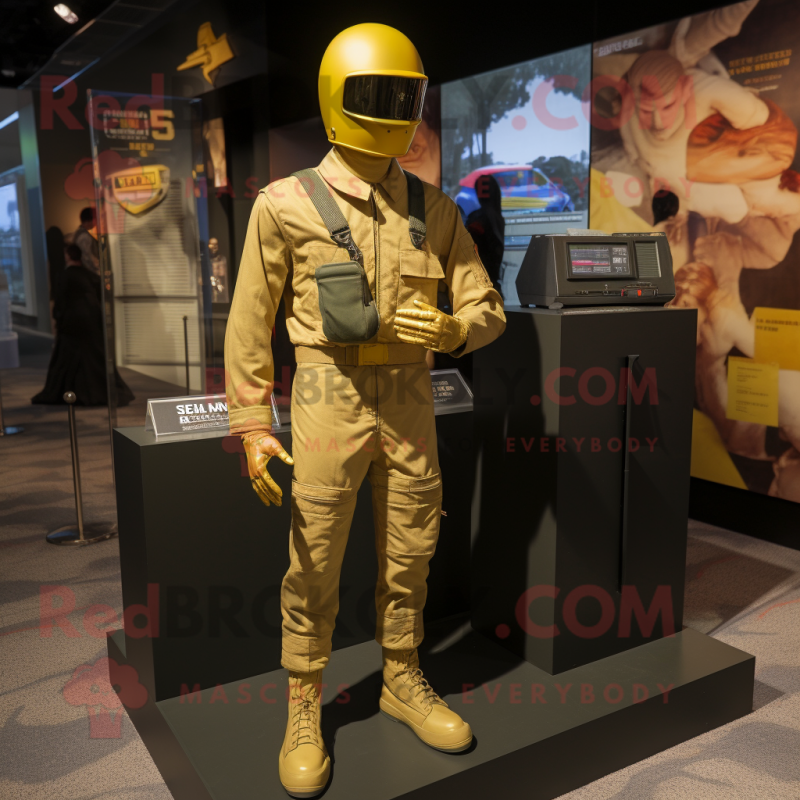 Gold Gi Joe mascot costume character dressed with a Romper and Wallets