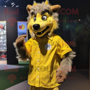 Yellow Werewolf mascot costume character dressed with a Button-Up Shirt and Lapel pins