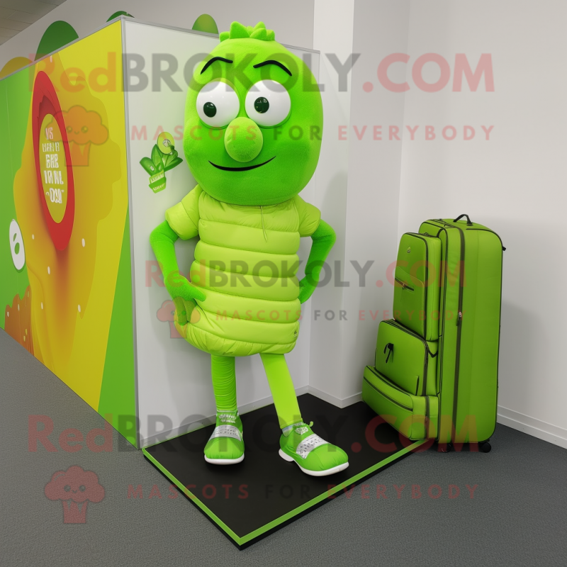 Lime Green Irish Dancing Shoes mascot costume character dressed with a T-Shirt and Backpacks