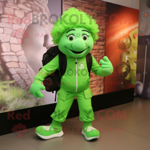 Lime Green Irish Dancing Shoes mascot costume character dressed with a T-Shirt and Backpacks