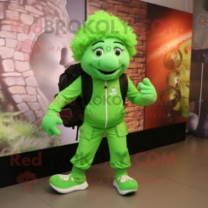 Lime Green Irish Dancing Shoes mascot costume character dressed with a T-Shirt and Backpacks