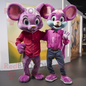 Magenta Dormouse mascot costume character dressed with a Boyfriend Jeans and Rings