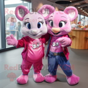 Magenta Dormouse mascot costume character dressed with a Boyfriend Jeans and Rings